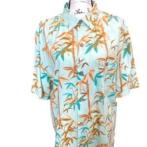 Mens Joe Marlin Shirt Large Short Sleeve Hawaiian Bamboo Turquoise Brown Cotton